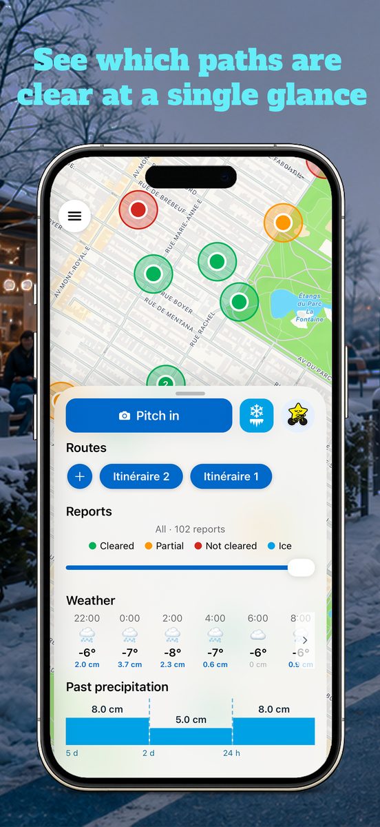 Map of Montréal showing snow-clearing reports and the day's weather
