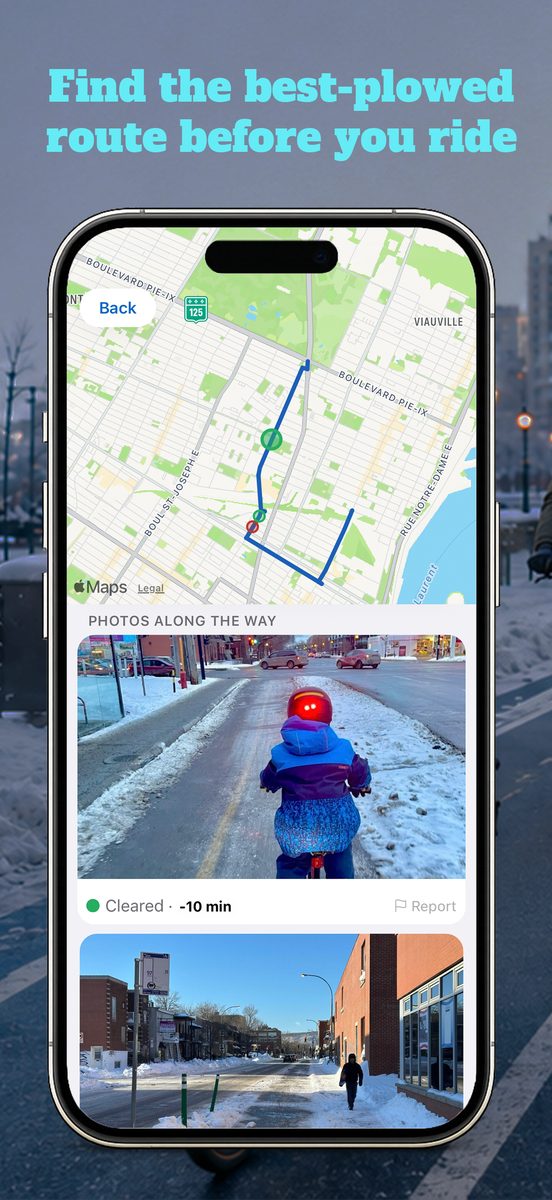 A route drawn on the map, with photos taken along the way