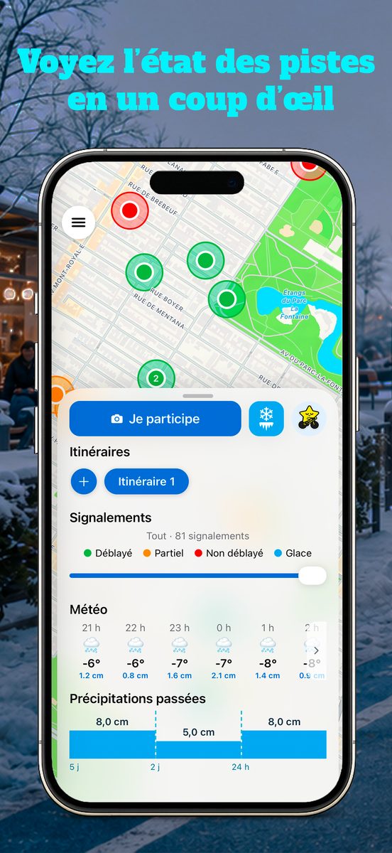 Carte de Montréal avec les signalements de déblaiement et la météo du jour
