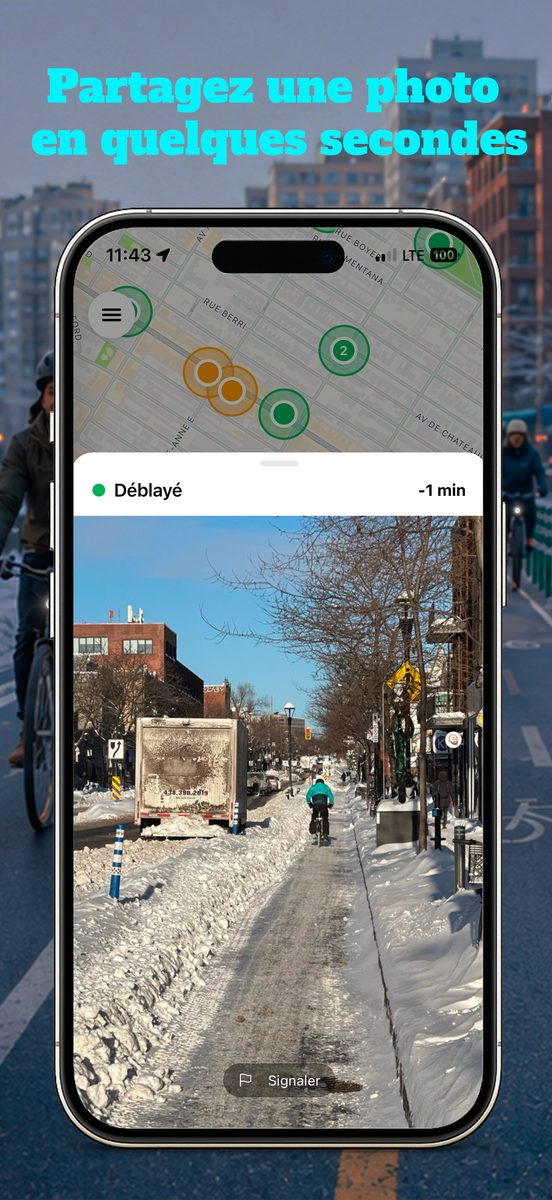 Photo d'une piste cyclable déblayée, signalée il y a une minute
